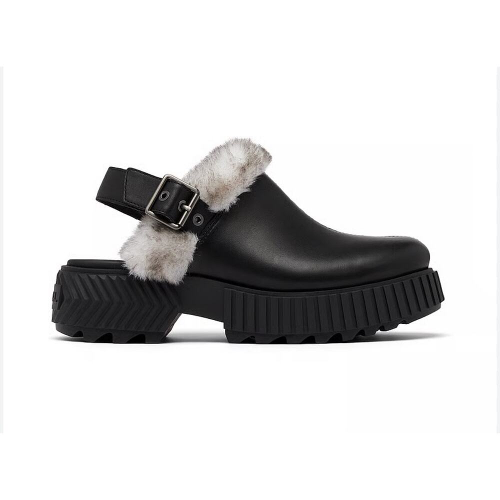 NEW Sorel Ona Ave mule clog black waterproof leather fur chunky platform SZ 10